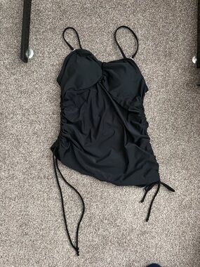 Black Ruched Tankini Top with Adjustable Ties